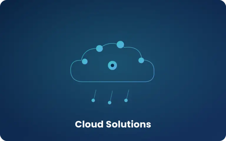 Blue cloud outline with connected circular nodes and three dangling lines, captioned 'Cloud Solutions' beneath