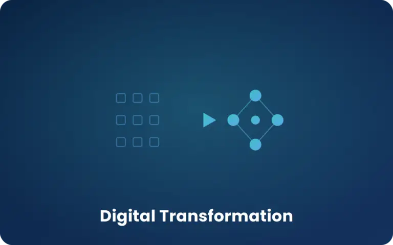 Abstract blue gradient hero with a play icon and a network of connected nodes, symbolizing digital transformation
