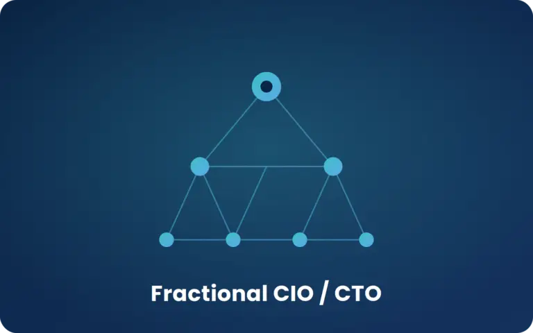 Blue gradient background with a connected-node triangle diagram and the caption 'Fractional CIO / CTO'
